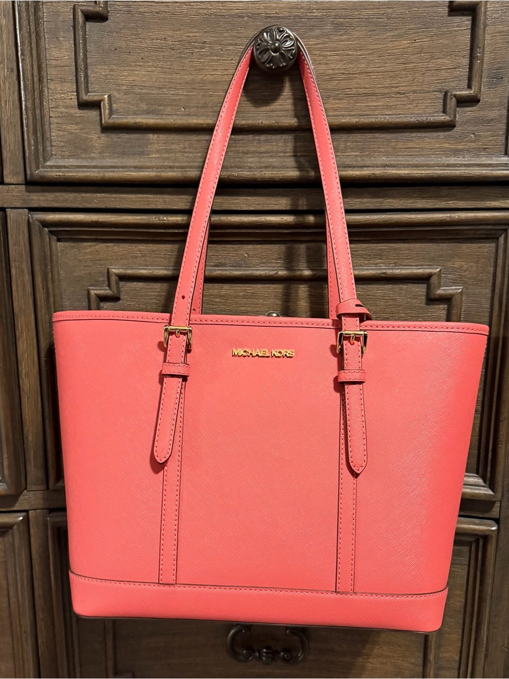 Michael Kors Coral Pink Saffiano Tote with Gold Logo Medium